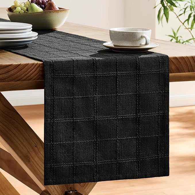 Linen Checked Farmhouse Table Runner, 13x90 Inches Black | Raised Grid Design - Image 4