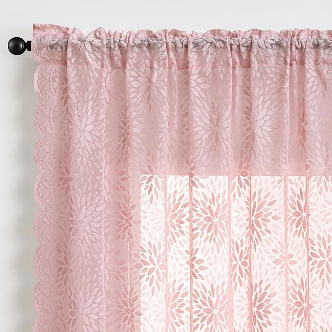 MIULEE Vintage Floral Scalloped Lace Curtains, Light Pink 52" W x 72" L | 2 - Image 6