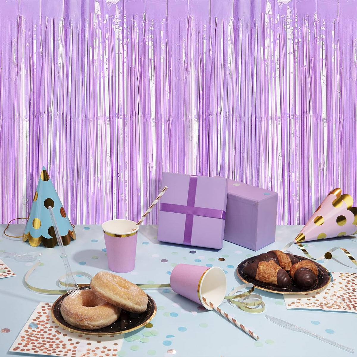 5 Pack Purple Foil Curtain Backdrop 3.2ft x 8.2ft Tinsel Foil Fringe Curtains Macaron Photo Booth Streamer Backdrop for Party Decorations Birthday Baby Shower Bachelorette Holiday (Pastel Purple)