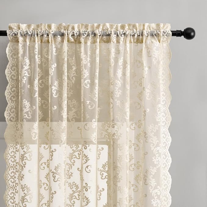 Beige Lace Vintage Paisley Floral Curtains - Image 3