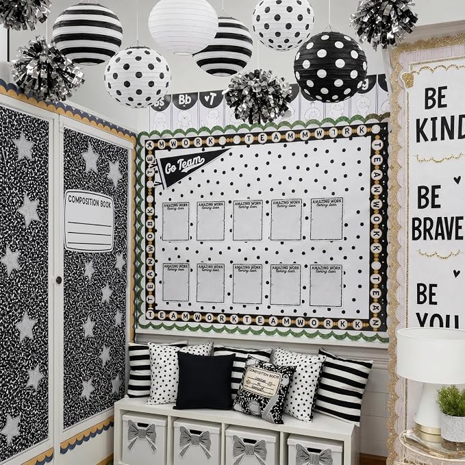 Treela 12 Pack Black and White Paper Lanterns Back to School 8" Round Hanging - Image 5