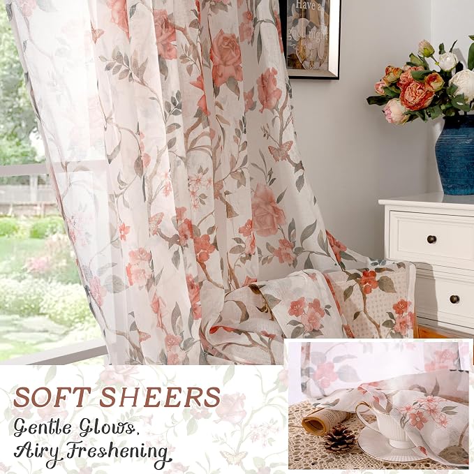 Sheer Curtains 45 Inch Length 2 Panels Set, Floral Patterned Linen Look - Image 6