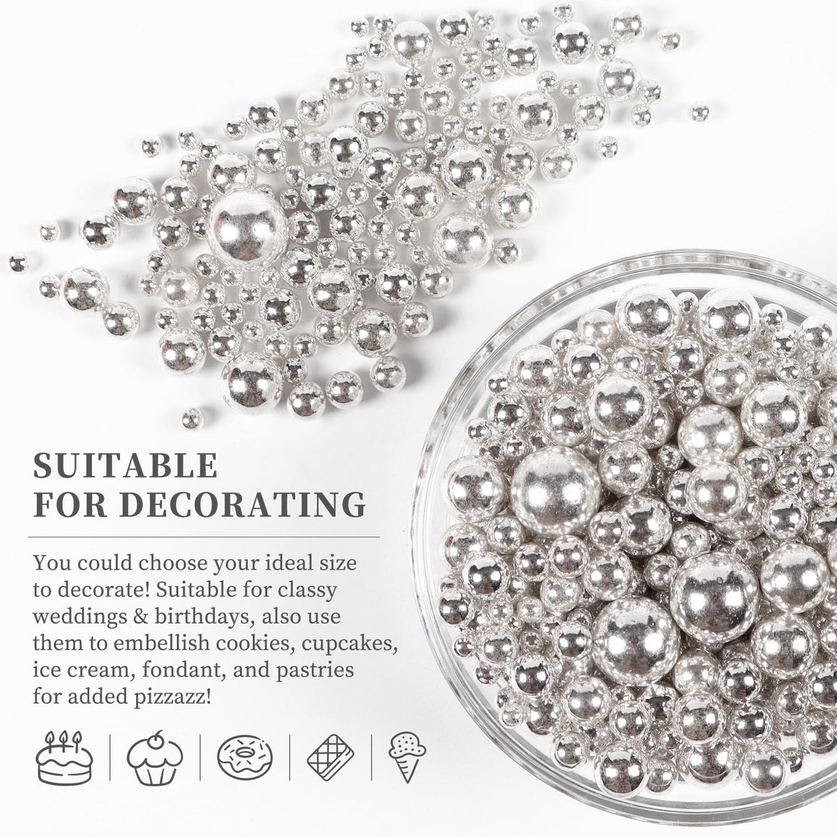Pearls for Cake Decorating, Silver Pearl Sprinkles, Silver Metallic Sprinkles for Cake Decoration, Perfect for Cupcakes, Macaron, Cookies, Waffles, and Ice Cream Topping.120g(4.23oz)