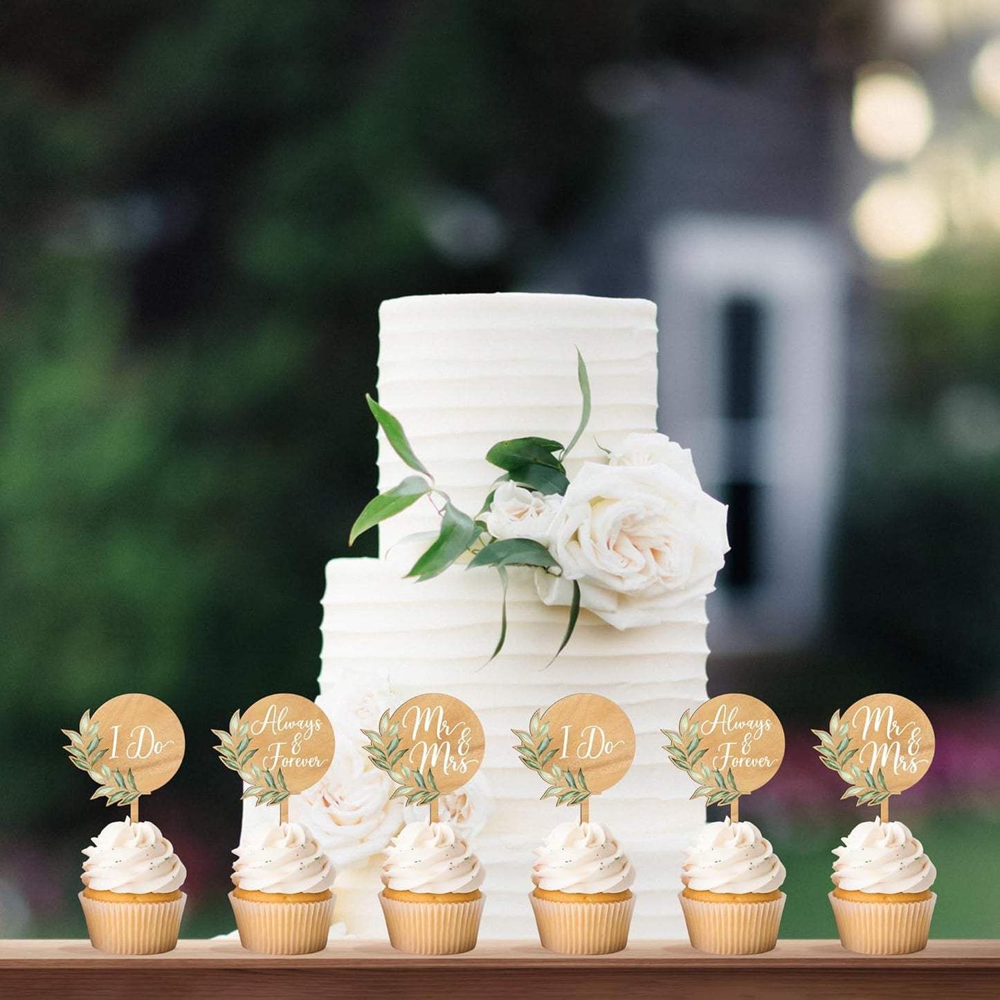 12 PCS Mr & Mrs Wedding Cupcake Toppers with Green Leaves Engagement Cake Decorations