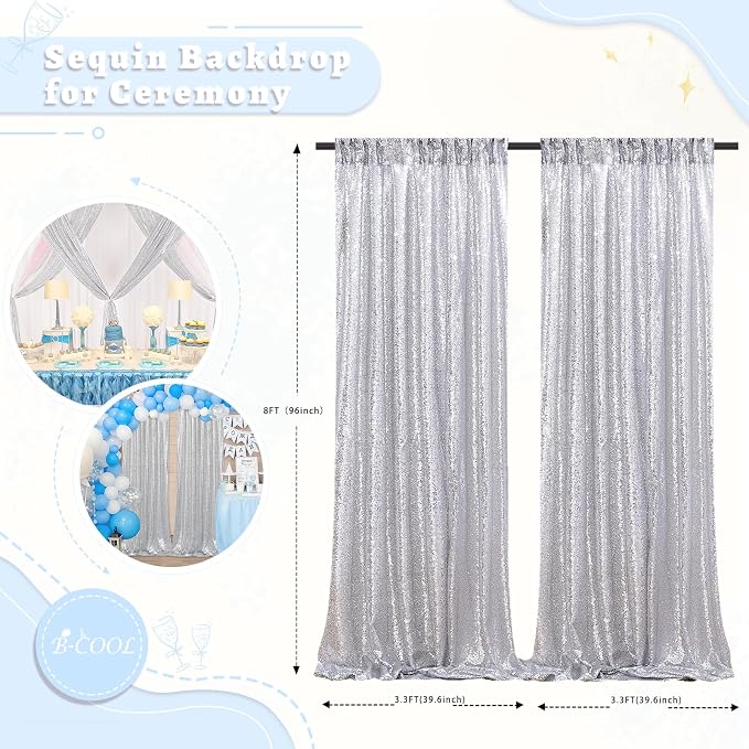 Silver Sequin Backdrop Curtains 2 Pcs 3.3ftx8ft Sparkle Backdrop Fabric | - Image 4