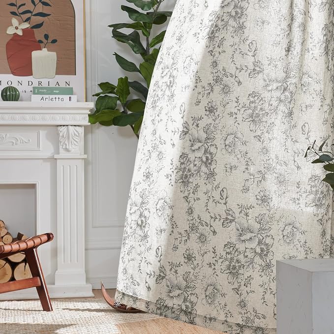 jinchan Grey Floral Linen Curtains 90 Inch Vintage Back Tab 2 Panels | Light - Image 6