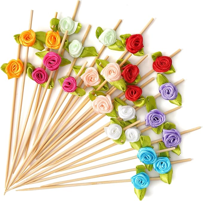Minisland Purple Rose Flower Cocktail Picks, 4.7 Inch Long Bamboo Fancy - Image 9