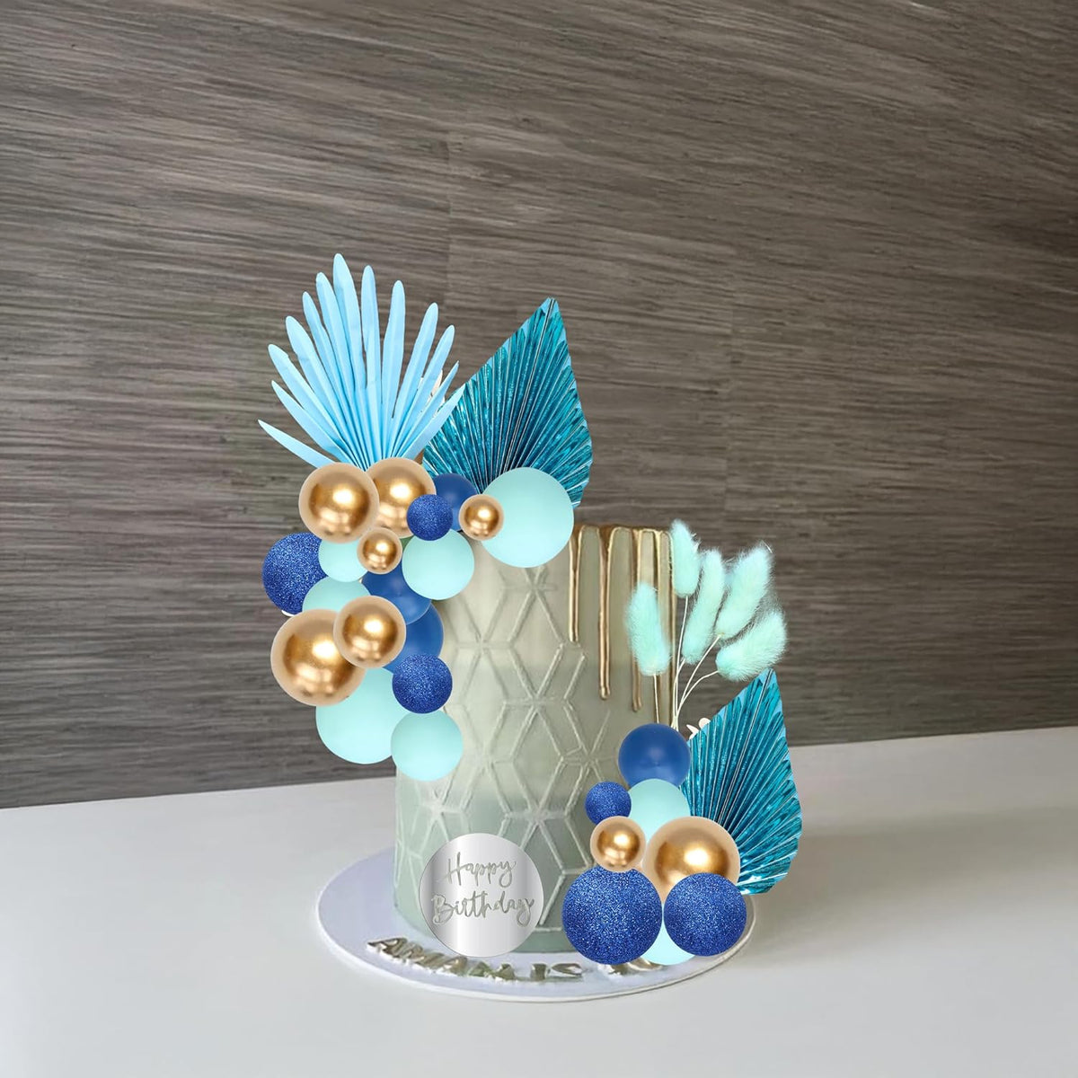 Ephlyn 33 Pack Balls Cake Toppers Boho Palm Leaves Cake Decorations Round Acrylic Happy Birthday Cupcake Toppers for Birthday Wedding Baby Shower Party Supplies Blue