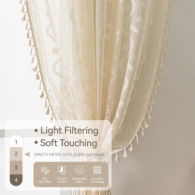 WAZZIO Boho Lace Curtains 2 Panels 102 Inches -Cute Vintage Victorian Sheer - Image 5