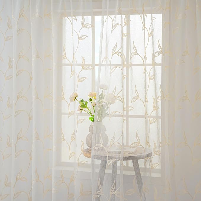 Sheer Kitchen Cafe Curtains Embroidered Leaf Pattern Beige 26x36 | Light - Image 6