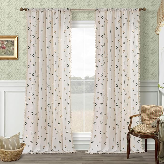F-CHU Country Floral Curtains 72 Inch Length Cotton Linen Boho Window Curtain - Image 2