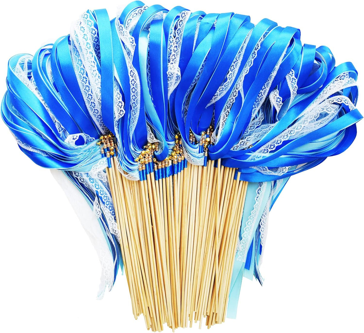 100 Pack Blue Lace Wedding Ribbon Wands Streamers with Bells Silk Fairy Wands Sticks Wedding Exit Ribbon for Party Activities Bridal Shower Send Off Holiday Celebration