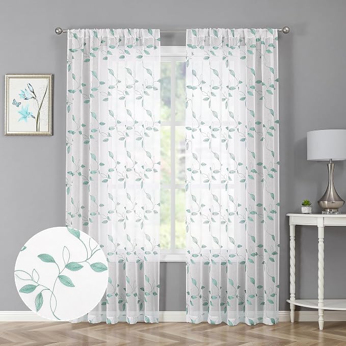 Tollpiz Teal Blue Leaf Sheer Curtain Bedroom 54 x 95 Inches | Leaves by Tollpiz