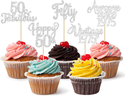 30Pcs Happy 50th Birthday Cupcake Toppers Glitter Fifty Vintage 1975 Cupcake Picks Cheers to 50 Fabulous Cake Decorations for 50th Birthday Wedding Anniversary Party Supplies Silver
