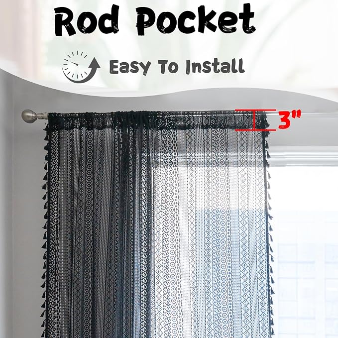 Sutuo Home Black Boho Curtain 84 Inches Length, Sheer Crochet Lace Handmade - Image 6