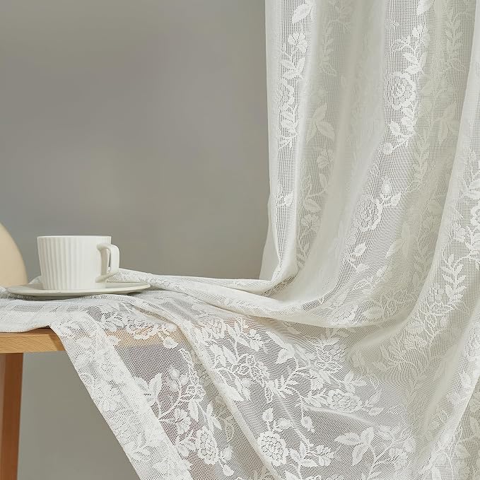 FINECITY Ivory Lace Curtains Rustic Leaf Floral 42 x 84 Inch, 2 Panels | Rod - Image 7