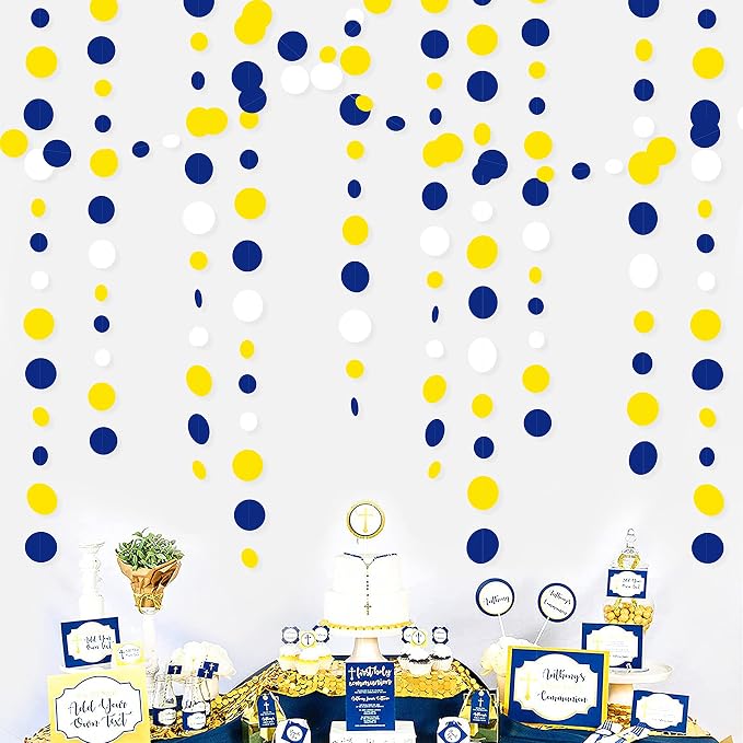 46Ft Navy Blue and Yellow Circle Dots Garland Royal Blue Yellow White Hanging - Image 4