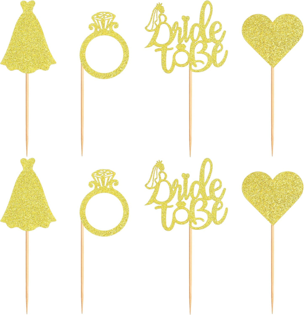 Pack of 24 Bride to Be Cupcake Toppers with Heart Ring Dress Bridal Shower Cupcake Picks Wedding Engagement Bachelorette Party Cake Decorations Supplies - Gold Glitter
