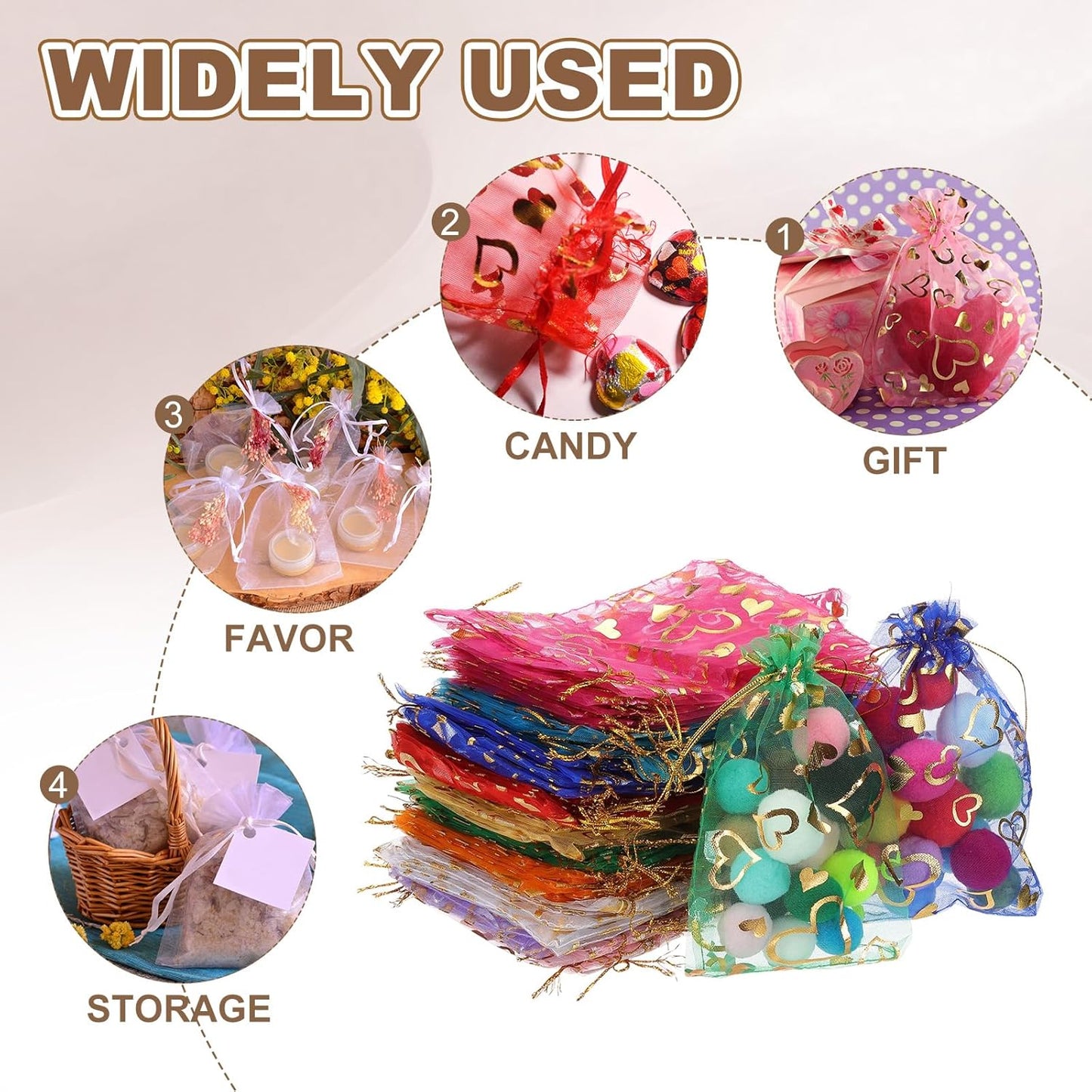 PATIKIL 50 Pcs 4x6 Inch Heart Printed Organza Bags, Orange Sheer Heart Organza Bags with Drawstring for Christmas Candy Jewelry Party Wedding Favor Gift