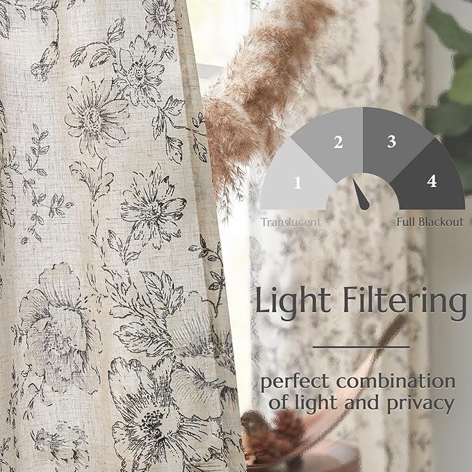 jinchan Black Floral Linen Curtains Lined 96 Inch Vintage Back Tab 2 Panels | - Image 4