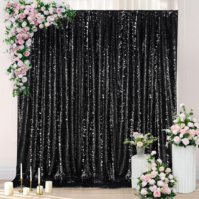 Black Sequin Backdrop Curtain 7ft x 7ft Glitter Photo Booth Backdrop | Glitter - Image 3