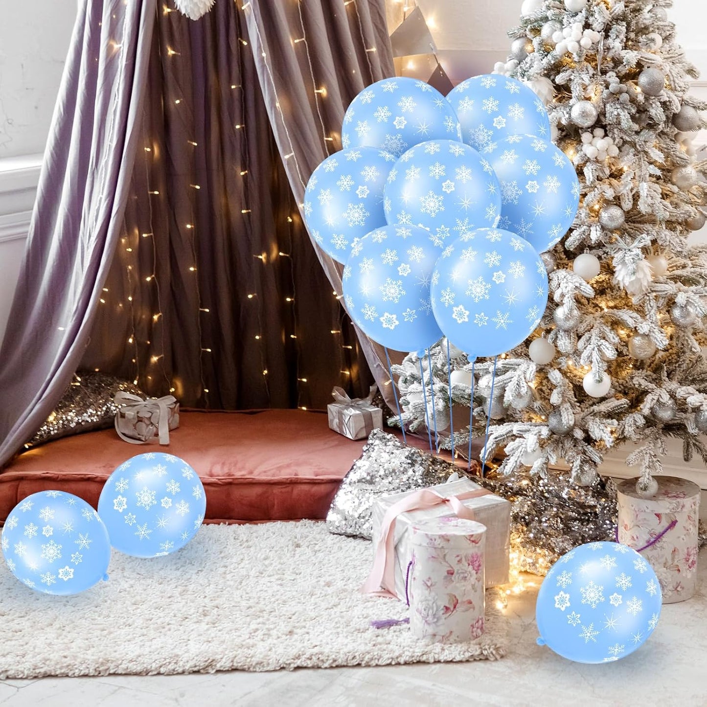 Skylety 40 Pieces Snowflake Balloons Bulk Winter Transparent Snowflake Latex Balloons for Christmas Birthday Wedding Party Decorations(Macaron Blue)