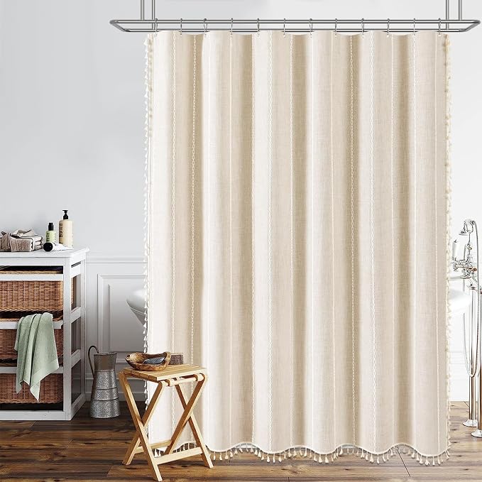 72x78 Long Boho Farmhouse Linen Heavy Duty Shower Curtain, Cream/Beige | Tall - Image 7