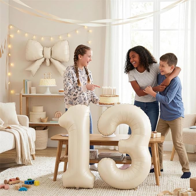 40 Inch Cream Number 7 with Bow Balloons, Giant Self Inflating Beige Cream Foil - Image 5