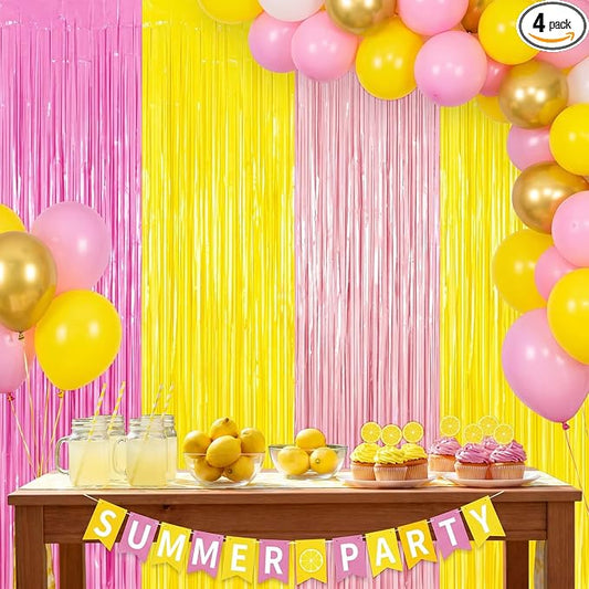 Frienda 4pcs Pink and Yellow Party Decorations 6.6ft Fringe Curtains Party by Frienda