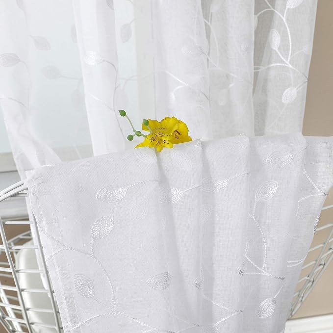 Tollpiz Leaves Short Sheer Curtain White Leaf Embroidery Living Room Curtains - Image 6