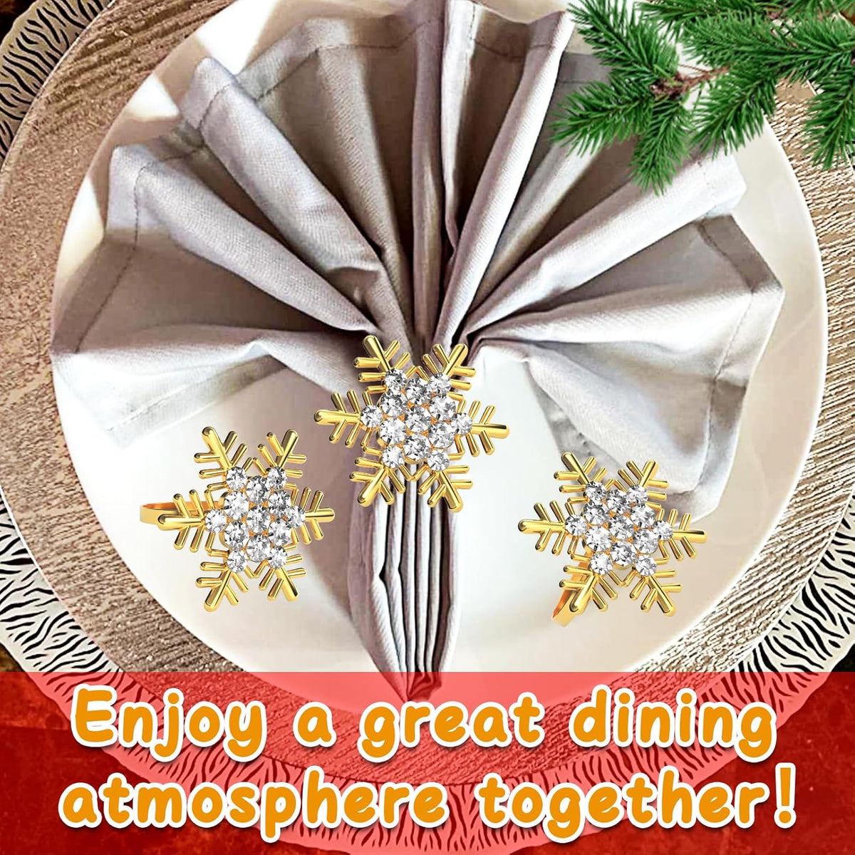 Halatool Christmas Napkin Rings Set of 6, Gold Snowflake with White Rhinestone Napkin Holder for Christmas Thanksgiving Winter Holiday Place Setting, Weddings, Party Table Decoration