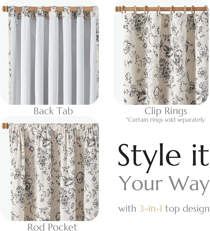jinchan Black Floral Linen Blackout Curtains 84 Inch Back Tab 2 Panels | - Image 4