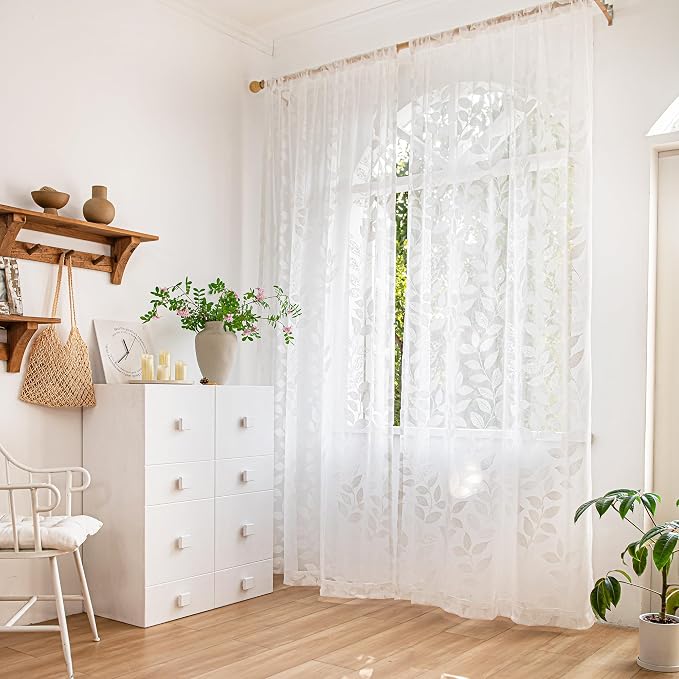 Treatmentex White Lace Sheer Curtains 63inch Vintage Leaf Knitted Window - Image 2