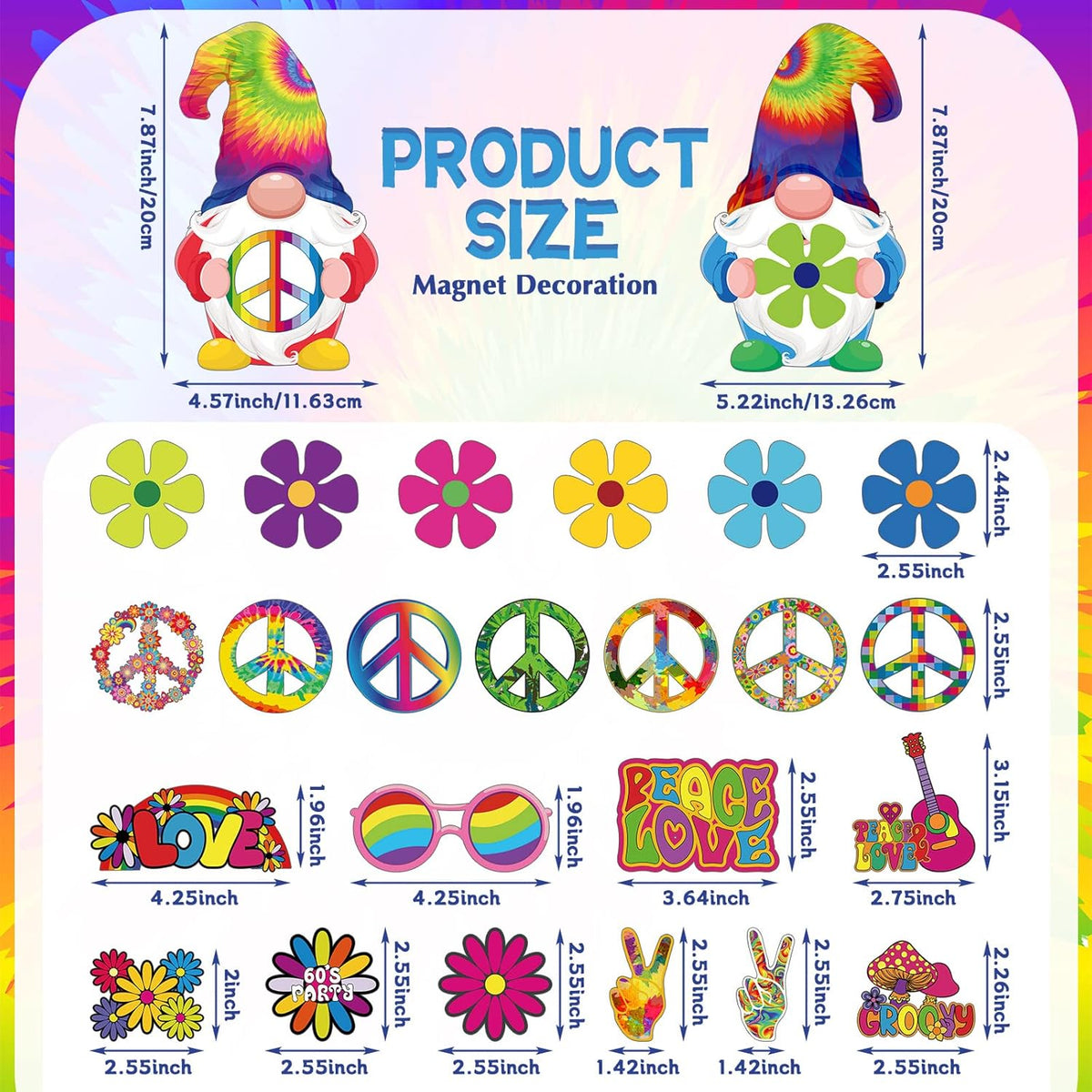 25 Pieces Car Magnet Decorations 60s Hippie Theme Party Magnetic Decals Fridge Magnets Flower Peace Car Magnetic Sticker Love Sign Colorful Hippie Decals for Refrigerator Mailbox Decor
