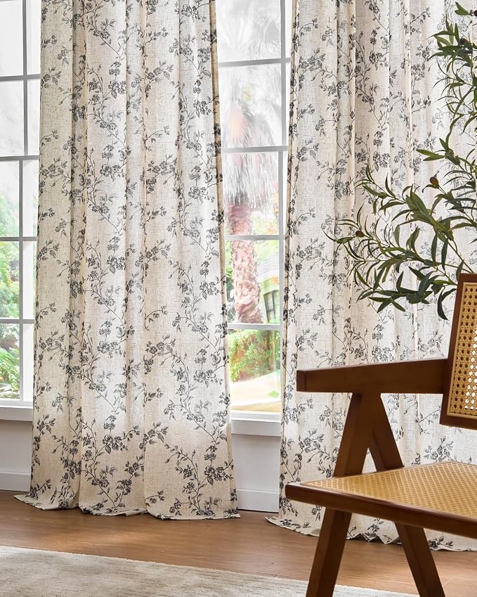 Black Vintage Floral Linen Curtains Farmhouse 50W X 84L 2 Panels | Elisa Series - Image 8