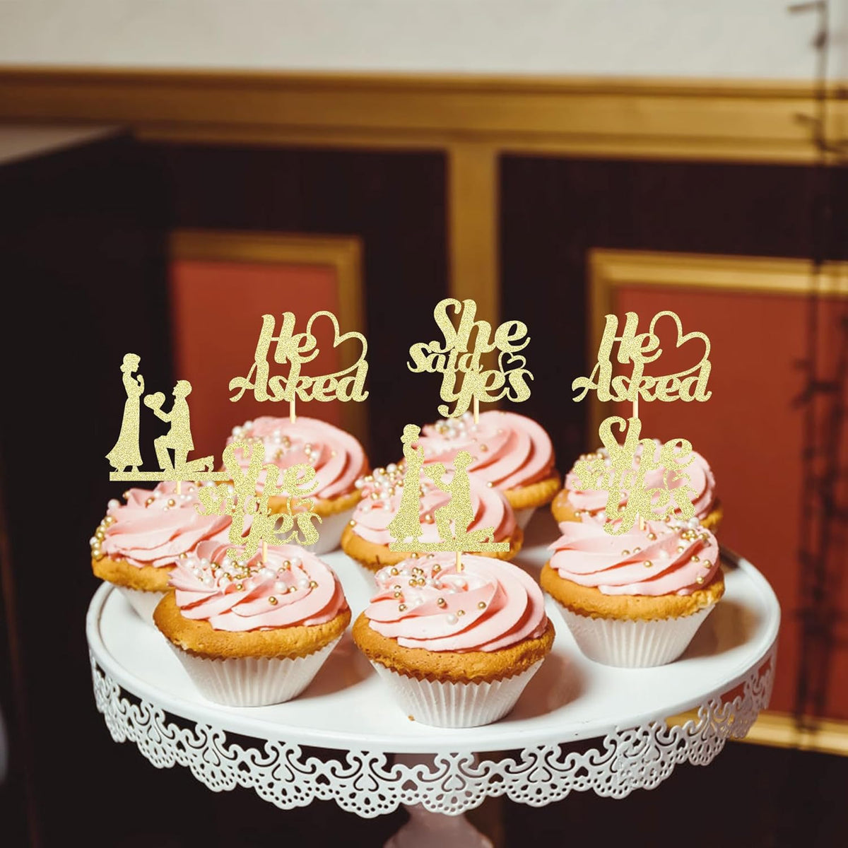 Sotpot 24PCS He Asked She Said Yes Cupcake Toppers With Heart Gold Glitter for Wedding Bridal Shower Wedding Engagement Party Cake Decorations