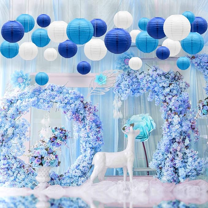 Blue Paper Lanterns Decorative, Hanging Round Paper Lantern Party Supplies - Image 5