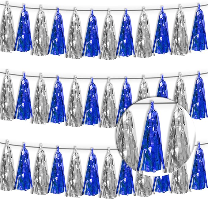 3P Navy-Blue Silver Tassel Banner Garland Metallic Foil Fringe Banner Tinsel by FENGNIAN