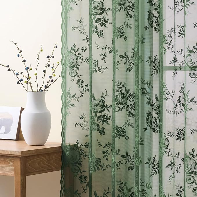 Dark Green Lace Curtains 96 Inches Long 2 Panels Sheer Floral Curtains - Image 2
