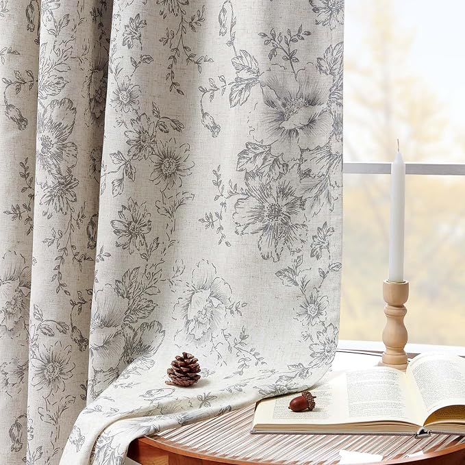 jinchan Grey Floral Linen Blackout Curtains Lined 96 Inch Back Tab 2 Panels | - Image 3