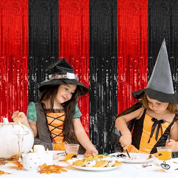 2 Pack Black and Red Party Backdrop Streamers Decorations Foil Fringe Curtains - Image 2