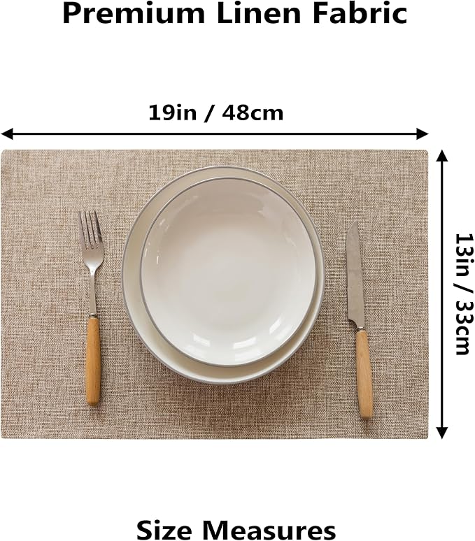 Demetex Linen Placemats Set of 6 Heat Resistant Wipeable Cloth Table Place Mats - Image 3