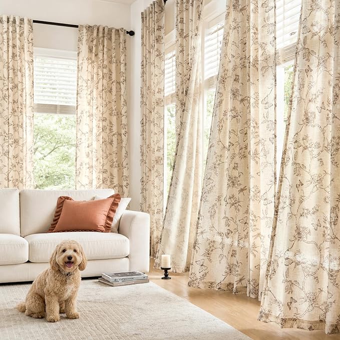 Taupe Floral Linen Curtains Farmhouse Rod Pocket 50W X 96L 2 Panels | Charlotte - Image 3