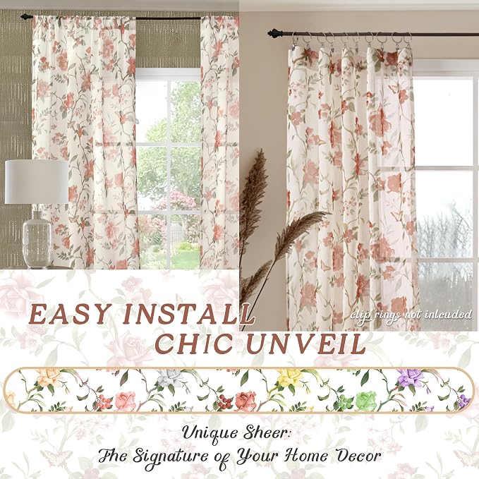 Floral Sheer Curtains for Bedroom Window 72 Inch Length 2 Panels, Farmhouse - Image 7