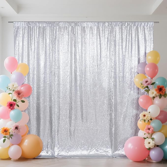 SquarePie 8x10ft Silver Sequin Backdrop, High Density Non-Transparent Glitter by SquarePie