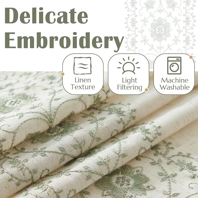 jinchan Floral Linen Curtains Embroidered Back Tab 50x108in 2 Panels Sage | - Image 4