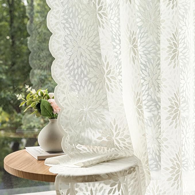 MIULEE Vintage Floral Scalloped Lace Curtains 2 Panels, Ivory 52" W x 36" L | by MIULEE