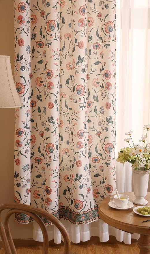 Designer French Linen Printed Curtains, 2 Panels, Floral Pattern Draps - Image 9