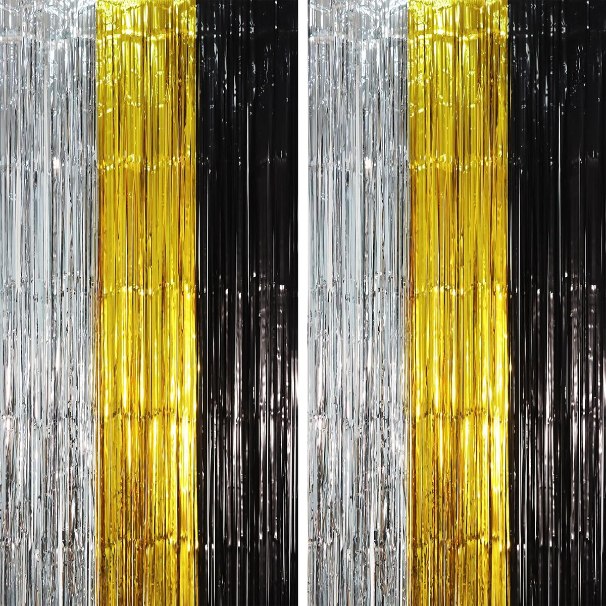 2 Pack Black Gold Silver Foil Fringe Backdrop Curtains, Tinsel Streamers Party Decorations, Fringe Backdrop, Door Shimmer for New Years or Birthday Party