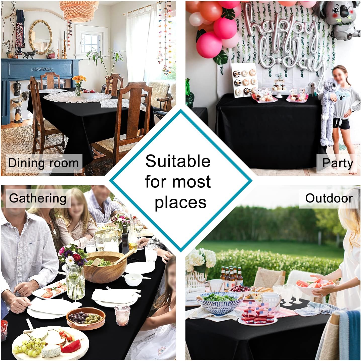 Hiasan Black Square Tablecloth - Waterproof and Spillproof Washable Fabric Table Cloth for Dining Room Kitchen, 60 x 60 Inch